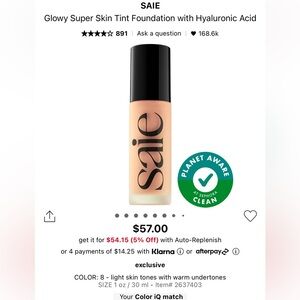 SAIE Glowy Super Skin Tint Foundation with Hyaluronic Acid Shade 8